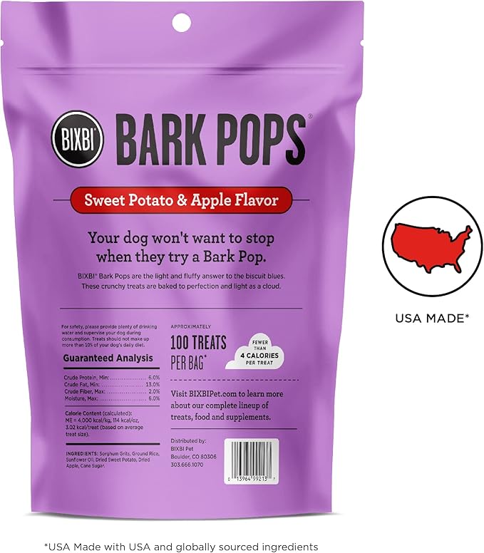BIXBI Bark Pops, Sweet Potato and Apple (4 oz, 1 Pouch) - Crunchy Small Training Treats for Dogs - Wheat Free and Low Calorie Dog Treats, Flavorful Healthy and All Natural Dog Treats