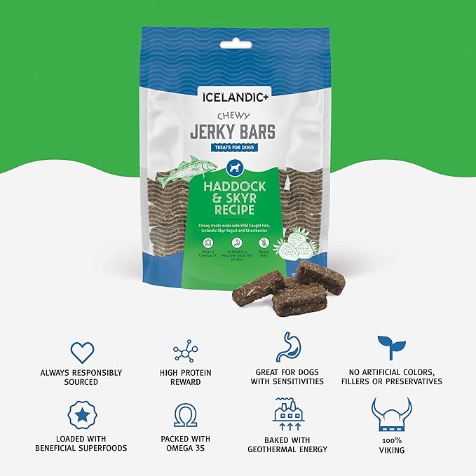 Icelandic+ Chewy Jerky Bars Haddock, Skyr, & Strawberries Dog Treat 2.5-oz Bag