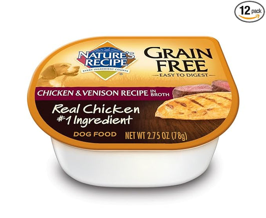 Nature's Recipe Grain Free Wet Dog Food, Chicken and Venison Recipe in Broth, 2.75-Ounce Cups (Pack of 12)