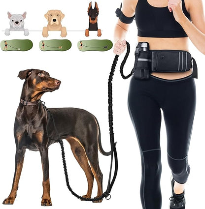 Hands Free Dog Leash with Updated Zipper Pouch, Waist Leash for Medium and Large Dogs Walking, Dual-Handle Reflective Waist Belt Dog Leash for Running Walking Jogging Hiking (25-120 lbs)