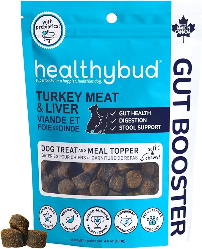 healthybud Turkey Dog Probiotic Chews - Gut Health Support - Prebiotic, Fiber & Vitamin Supplement, Puppy Liver Bites for Sensitive Stomach, Dog Stool Hardener (4.6oz)