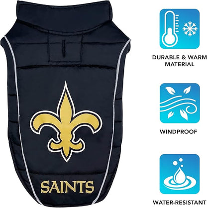 NFL New Orleans Saints Puffer Vest for Dogs & Cats, Size Large. Warm, Cozy, and Waterproof Dog Coat, for Small and Large Dogs/Cats. Best NFL Licensed PET Warming Sports Jacket