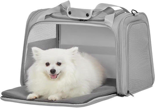 PETSFIT Dog Carrier for Small Dogs, Cat carrier for 2 Cats Under 25 Lbs, Collapsible Travel Puppy Carrier, Pet Carrier with Cozy Extendable Mat (Large, Grey)