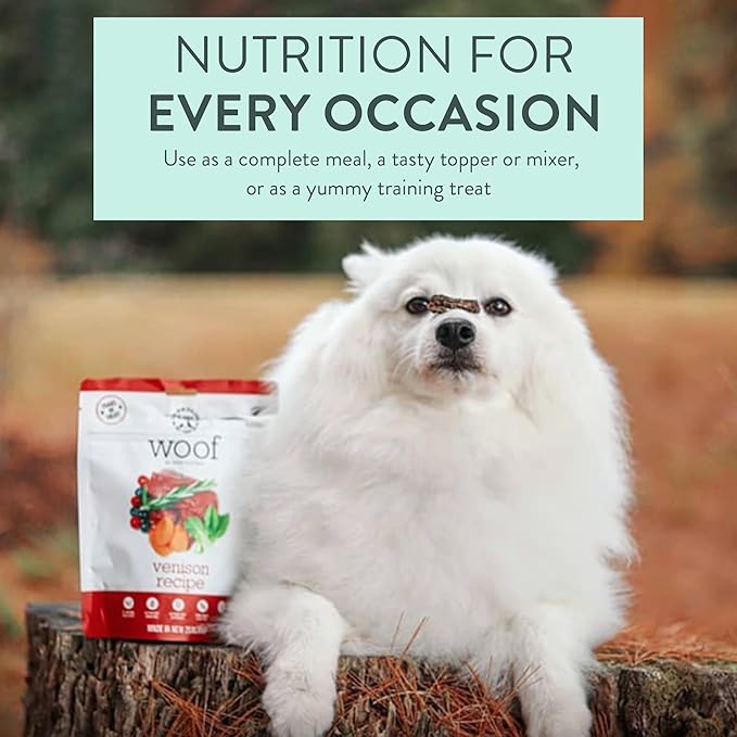 Woof - Air Dried Dog Food, Dog Food Toppers for Dry Food, High Protein, Natural Dog Food, Limited Ingredient Recipe Dry Dog Food, Wild Venison, 3.5 oz