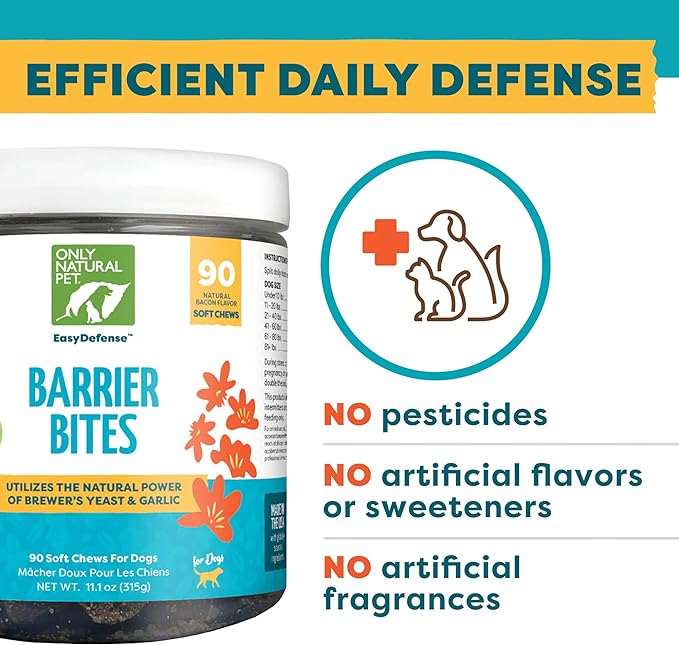 Only Natural Pet EasyDefense Barrier Bites Soft Flea Chews for Dogs - First Line of Defense Againts Fleas & Ticks, Boosts Immune System and Healthy Skin & Coat - (90 Bacon Flavored Soft Chews) 2 Pack