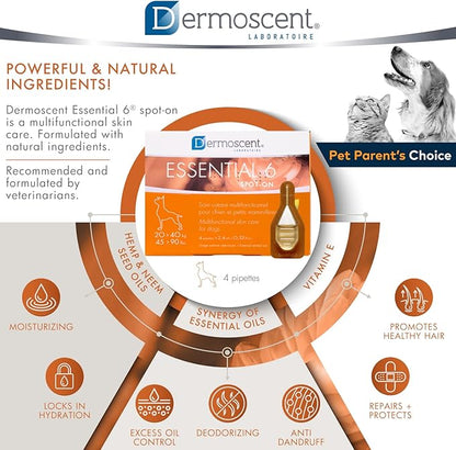 Dermoscent Essential 6 spot-on - Dog Skin Care for Dandruff & Allergy Relief with Vitamin E Oil - Anti Itch for Dogs - Natural Ingredients for Sensitive Skin - Dogs 20-40 kg - 4 Pipettes of 2.4 ml