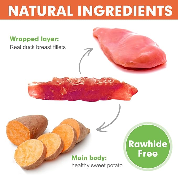 MON2SUN Dog Treats Rawhide Free Duck Wrapped Sweet Potato Dog Snacks, Gluten & Grain Free Dog Treats for Puppy and Small Dogs, (Duck, 1.56 Pound-Pack of 1)