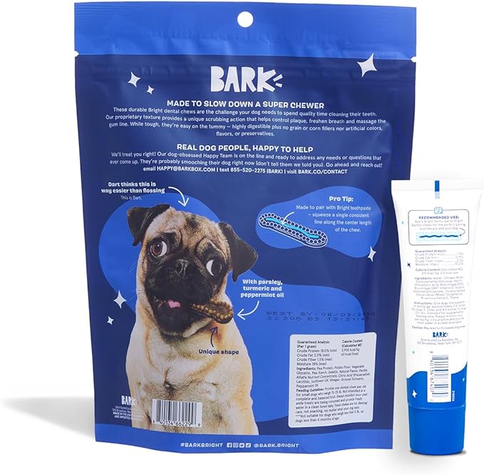Bark Bright Durable Dental Chews Kit - Dog Tooth Brushing Treatment with Teeth Cleaning Chew Sticks & Toothpaste - Plaque & Tartar Remover for Cleaner Teeth & Fresh Breath - Small Breeds - 15 Chews