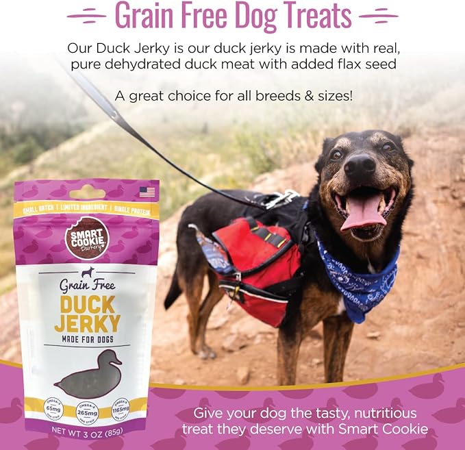 Duck Jerky Dog Treats with Flax Seed, Omega Oils- Hypoallergenic Strips for Dogs and Puppies with Allergies, Sensitive Stomachs - Dehydrated, Grain Free, Made in USA - 3oz Bag, Pack of 3