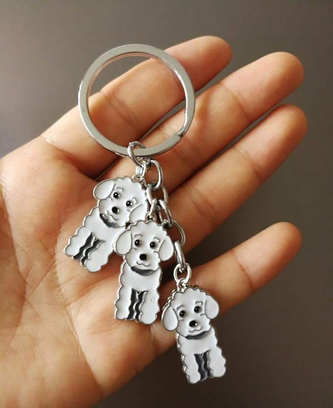 Dog Keychain, Pet Pendant Key-Ring, Cute Puppy ID Tags Metal Key Ring for Dog Lover (White Poodle)
