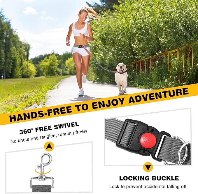 Pawaboo Hands-Free Dog Leash with Waist Belt, Elastic Dog Waist Leash with Wider Belt, Reflective Dog Running Belt Absorbing Shock, Durable Padded Handle Bungee Leash for Dogs (25-150 lbs, Grey)