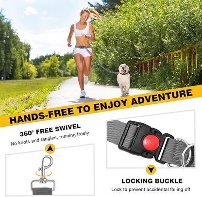 Pawaboo Hands-Free Dog Leash with Waist Belt, Elastic Dog Waist Leash with Wider Belt, Reflective Dog Running Belt Absorbing Shock, Durable Padded Handle Bungee Leash for Dogs (25-150 lbs, Grey)