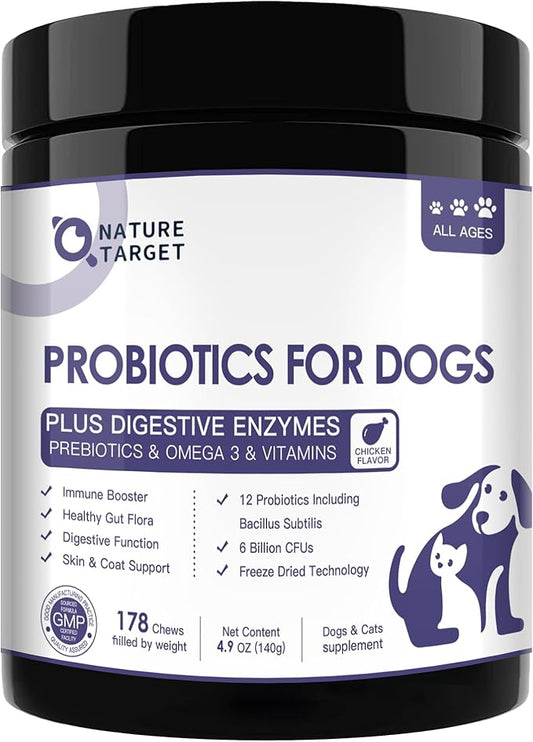 Probiotics for Dogs, 6 Billion CFUs, Freeze Dried Dog Probiotics with Prebiotics and Digestive Enzymes, Vitamins and Omega 3, for Gut & Skin & Immune Health, Allergy Itch Relief, Reduce Diarrhea, Gas