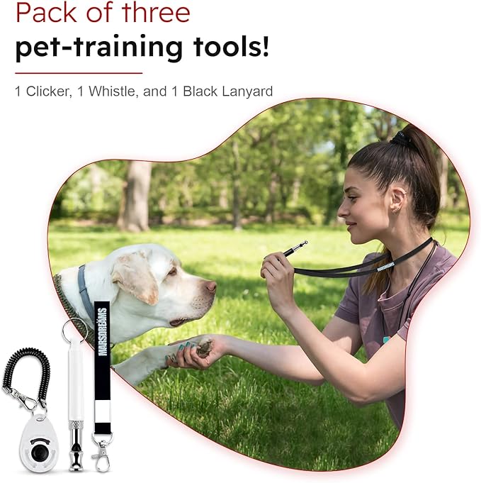Pet Training Clicker, Whistle -Training Behaviour Aids Accessories for Puppies with Lanyard - Barking Control Device - Long Range Adjustable Frequency - Pack of 3 - White