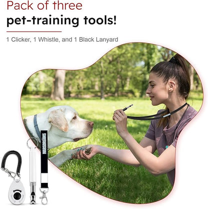 Pet Training Clicker, Whistle -Training Behaviour Aids Accessories for Puppies with Lanyard - Barking Control Device - Long Range Adjustable Frequency - Pack of 3 - White