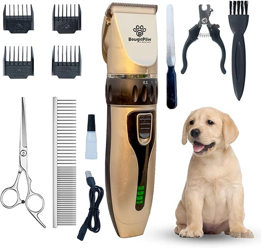 Dog Clippers for Grooming | 12 Pcs Set | Low Noise | Rechargeable | Professional Dog Grooming Kit | Dog Grooming Clippers (Gold with LED Display)