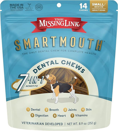 The Missing Link Smartmouth Vet Developed Dental Chew Treats, 7-in-1 Benefits: Healthy Teeth & Gums, Breath, Skin, Joints, Digestion, Heart, Immune System – Small/Medium 15-50lb Dogs, 14 Ct