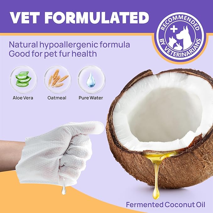 HICC PET Cleaning Deodorizing Bathing Wipes for Dogs & Cats, Hypoallergenic Dog Cleaning Glove Wipes with Coconut Oil Nourishing Grooming Fur, Cat Cleaning Wipes for Daily Care and Traveling