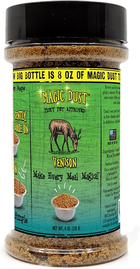 Wild Meadow Farms - Magic Dust Venison Jerky Topper, Single Protein Pet Food Topper for Dogs & Cats, Enhance Flavor & Elevate Mealtime Excitement for Picky Eaters - 8 Ounce Bottle in Venison Flavor
