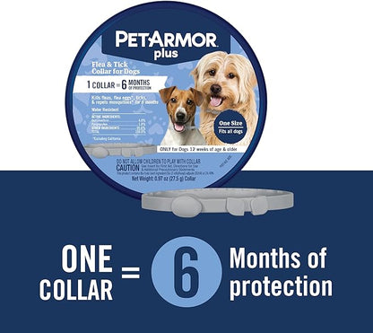 PetArmor Plus Flea & Tick Collar for Dogs, Kills Fleas & Ticks, Long Lasting Protection for 6 Months, Water Resistant, One Size Fits All, 1 Collar
