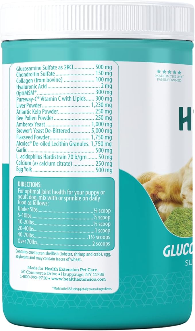 Health Extension Chondroitin with Glucosamine for Dog, Arthritis Pain Relief Vitamin, Joint & Hip Supplement Cheese Flavored Powder, Suitable for All Types of Puppies & Dogs, (16 Oz / 454 g)