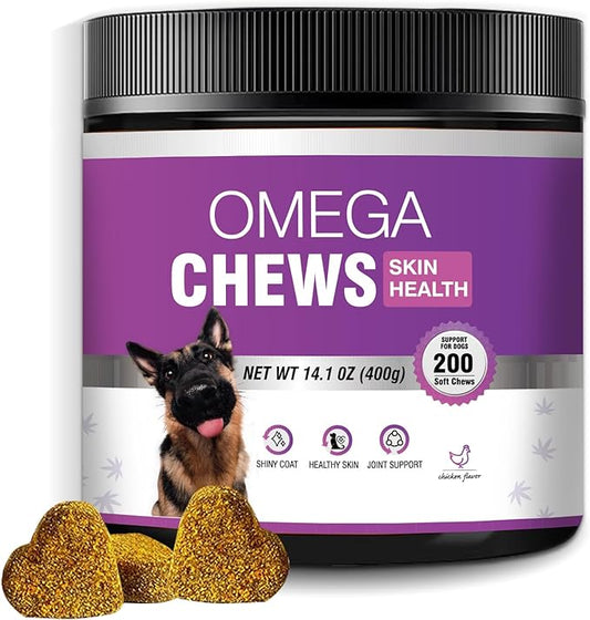 Omega 3 for Dogs Skin and Coat Supplement for Dogs Dog Allergy Chews Dog Itching Skin Relief Fish Oil for Dogs Dry Skin for Dogs Treatment Dog Salmon Oil Supplement 200 Tablets Omega 3 Chews for Dogs
