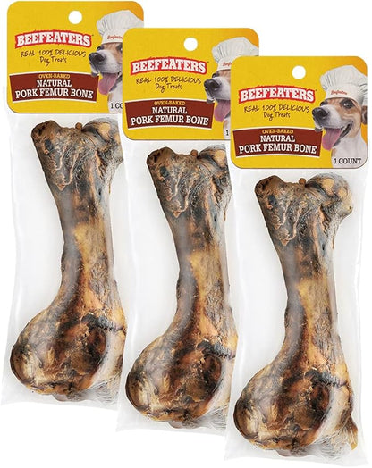 Beefeaters Dog Treats - Natural Pork Femur Bone 1ct, Pack of 3 | Rawhide Free Dog Food | Real Pork | Cleans Teeth & Gums | Highly Digestible | Training Treats for All Dog Sizes
