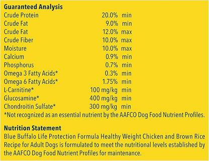 Blue Buffalo Life Protection Formula Natural Adult Healthy Weight Dry Dog Food, Chicken and Brown Rice 30-lb