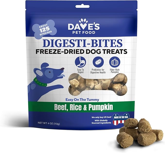 Dave's Pet Food Digesti-Bites Easy to Digest Freeze Dried Beef and Beef Liver Dog Treats with Pumpkin Fiber & Probiotics, Complete & Balanced Nutritious, Freeze Dried Dog Food Topper, USA Made (4 oz)