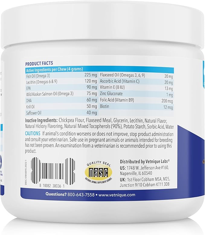 Vetnique Dermabliss Omega & Skin Health Fish Oil for Dogs Soft Chews Healthy Skin & Coat for Dogs with Biotin & DHA - Hickory Salmon Dog Treats (60ct Chews)