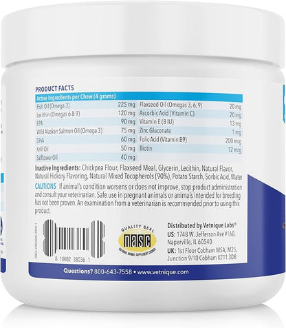 Vetnique Dermabliss Omega & Skin Health Fish Oil for Dogs Soft Chews Healthy Skin & Coat for Dogs with Biotin & DHA - Hickory Salmon Dog Treats (60ct Chews)