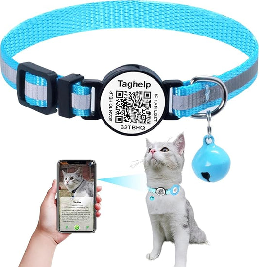 Integrated smart ID tag Cat Collar,Reflective Cat Collars, GPS Cat Collar with Bell, Tracker Cat Collars for Girl Boy Cats name &Phone Number on line, Kittens and Puppies (Blue Reflective)