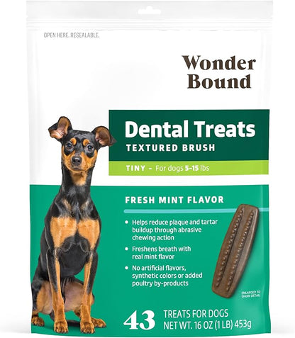 Amazon Brand - Wonder Bound Dog Dental Treats for Tiny Dogs (5-15 lbs), Fresh Mint, Real Chicken, Nubbed Texture for Plaque & Tartar Control, Freshens Breath While Chewing, 43 Count(Pack of 1)