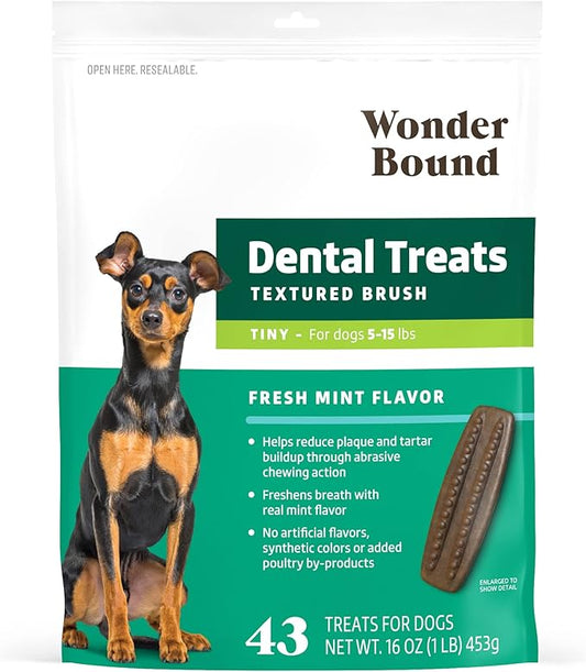 Amazon Brand - Wonder Bound Dog Dental Treats for Tiny Dogs (5-15 lbs), Fresh Mint, Real Chicken, Nubbed Texture for Plaque & Tartar Control, Freshens Breath While Chewing, 43 Count(Pack of 1)