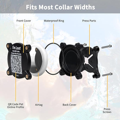 Dog Collar Airtag Holder with QR Code Dog Tag, Dog Airtag Holder with 100% Waterproof for Dog and Cat,Ultra Durable Pet Airtag Holder with Dog Name Tags Personalized for Most Widths Of Collars (Black)