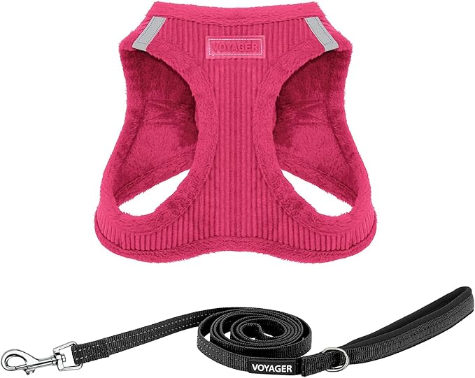 Voyager Step-in Plush Dog Harness – Soft Plush, Step in Vest Harness and Reflective Dog 5 ft Leash Combo with Neoprene Handle for Small and Medium Dogs by Best Pet Supplies -Set (Fuchsia Corduroy), M