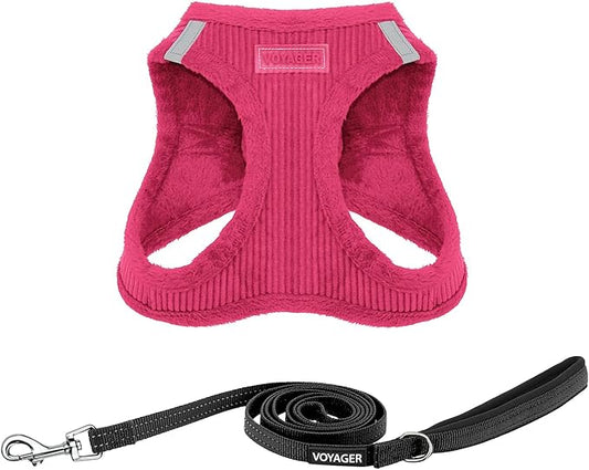 Voyager Step-in Plush Dog Harness – Soft Plush, Step in Vest Harness and Reflective Dog 5 ft Leash Combo with Neoprene Handle for Small and Medium Dogs by Best Pet Supplies -Set (Fuchsia Corduroy), M