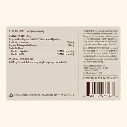Super Blend Powder, Mushroom Mycelium and Dog Probiotic Supplement for Brain and Digestive Health Support, Lion’s Mane & Probiotic, Lion's Mane + Probiotics