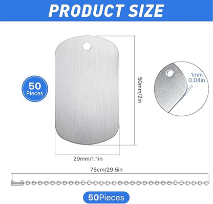 100Pcs Military Dog Tags, Rectangle Blank Metal Stamping Tags Set Including 50Pcs Aluminum Blank Dog Tags 50Pcs Ball Steel Chains Personalized Pets Tags for DIY Decorative Craft (Sliver)
