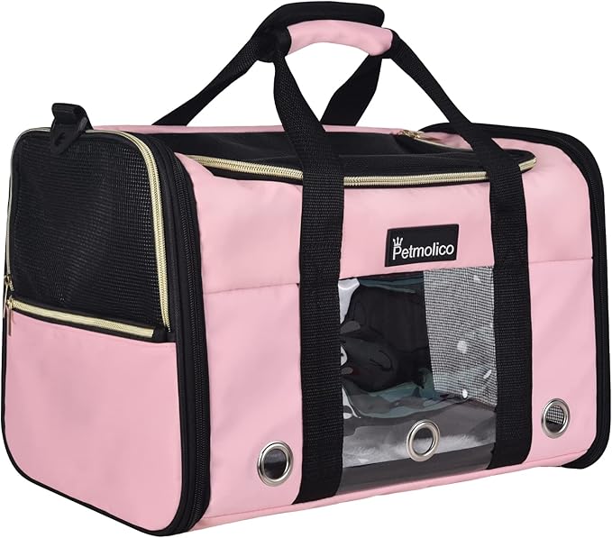 Petmolico Cat Carrier Dog Carrier, Airline Approved Soft Pet Travel Carrier with 3 Open Doors Mesh Windows for Cats Puppy 16 lbs, Pink