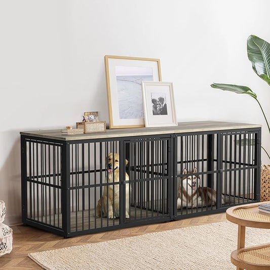 77.64''Dog Crate Furniture Large Breed TV Stand with Double Rooms,Wooden Dog Kennel Dog Crate End Table with Removable Divider for Large Medium Dogs, Can Use Separately