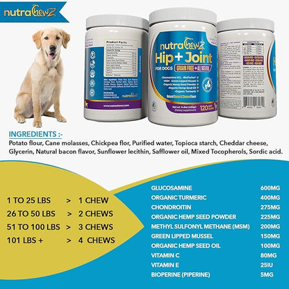 Grain Free Hip & Joint Supplement for Dogs with Organic Hemp Oil, Glucosamine Chondroitin, Turmeric, MSM, Green Lipped Mussel for Arthritis, Pain Relief, Mobility All Natural - 120 Chews