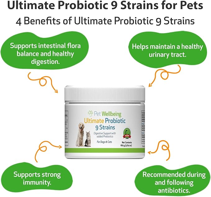 Pet Wellbeing - Ultimate Probiotic 9 Strains for Cats and Dogs - Natural Support for Digestion and Urinary Tract Health 160 grams.