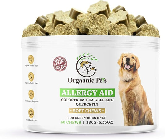 DOG ALLERGY RELIEF with SEA KELP - COLOSTRUM - QUERCETIN - MUSHROOMS - OMEGA + 11 NATURAL ALLERGY RELIEF HERBS - SOFT CHEWS for Skin & Seasonal Allergies