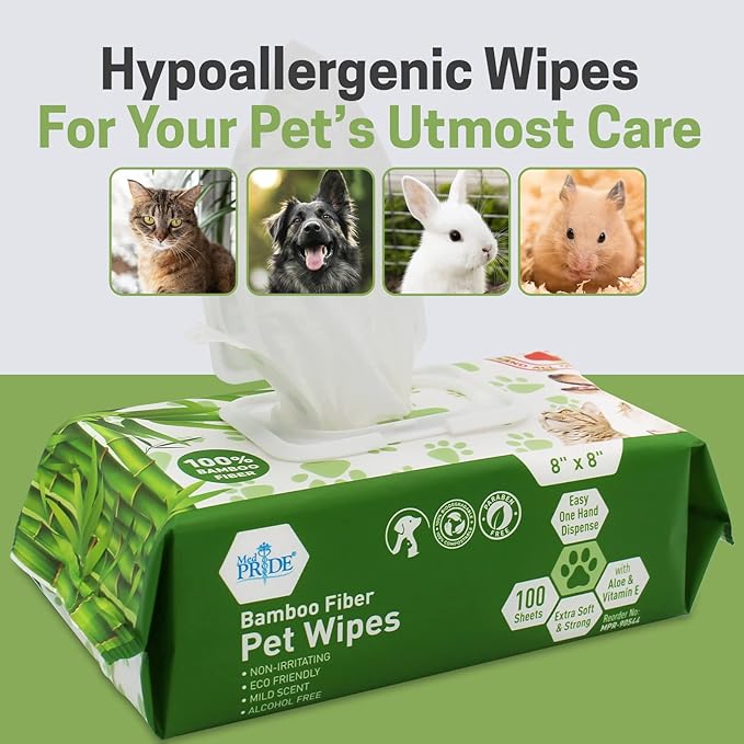 MED PRIDE Pet Wipes XL [8 Packs = 800 Wipes] 8”x8” - 100% Bamboo Fiber Hypoallergenic Dog and Cat Cleaning Wipes with Aloe Vera- Alcohol and Paraben-Free Deodorizing Pet Wipes- Dog/Puppy Bath Wipes