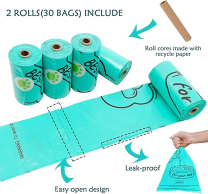 Dog Poop Pickup Bags Holder Dispenser with Standard-Sized Leak-Proof Scented Doggy Waste Bags and Carabiner Hook and Loop Fastener Never Loose on Leash Lead Again (2 Holder 30 Bags, Purple)