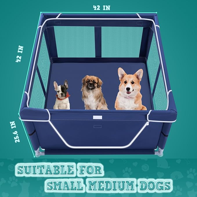 42x42x25.6 Inches Puppy Playpen with Gate, Dog Playpen for Puppies or Small Dogs, Dog Fence Pet Playpen for Indoor & Outdoor, Sturdy Safety Dog Pen with Thickened Fabric, High-Strength Nylon Wire Mesh