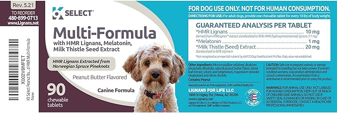 Multi-Formula Dog Supplement for Smaller Dogs - 10mg HMR Lignans, 1mg Melatonin, 20mg Milk Thistle - Helps Heart, Liver, Digestion, Skin & Coat Health, 90 Peanut Butter Chewable Tabs