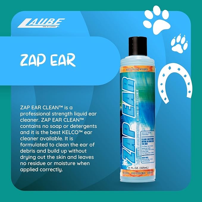 Laube Kelco Pet Ear Cleaner - Zap Ear Cleaning Solution for Dogs, Cats, Horses, and Pets - Anti-Itch Ear Wash and Debris Remover - Natural, pH Balanced, Biodegradable Vitamin E Formula (11 fl oz)