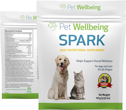 Pet Wellbeing Spark Daily Nutritional Greens Superfood for Dogs & Cats - Probiotics, Digestive Enzymes, Amino Acids, Antioxidants, Vitamin D, Spirulina & More - Vet-Formulated - 3.53 oz (100 g) Powder